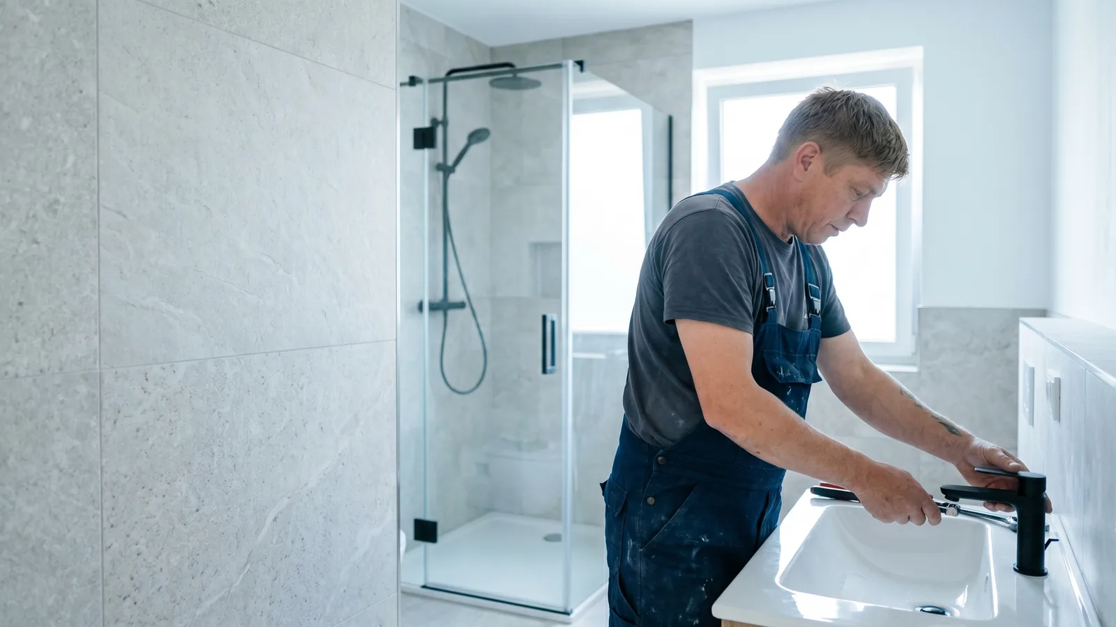 Patrick Grossmann-Ender von B&W Haustechnik montiert eine Armatur in einem frisch sanierten Bad mit Walk-in-Dusche in Linz