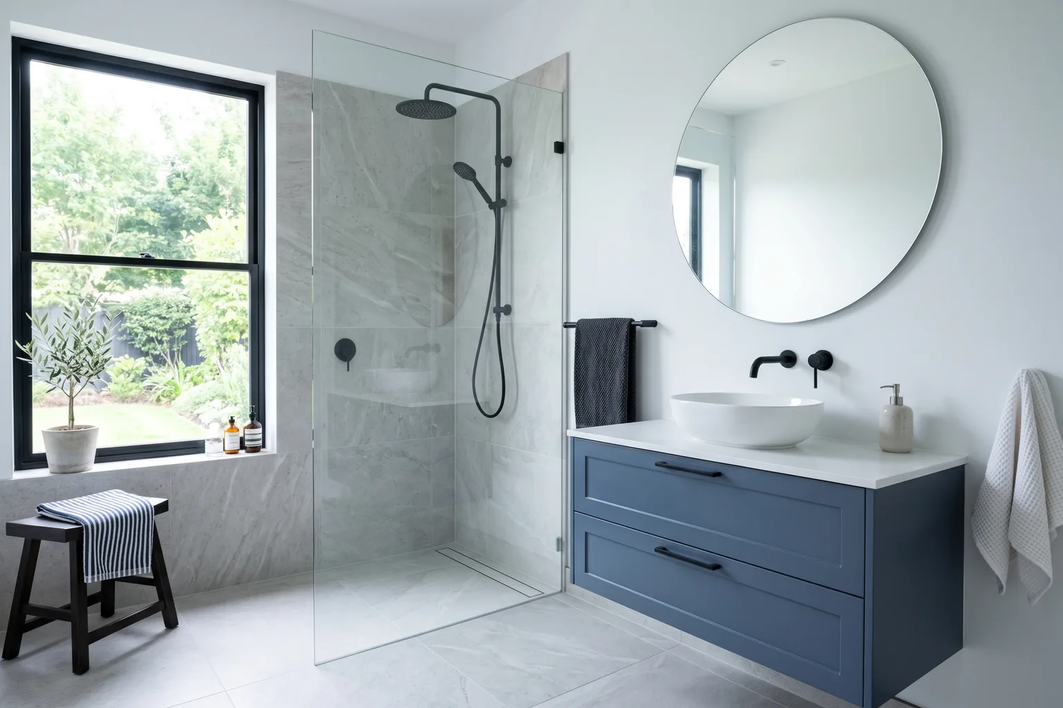 Modernes saniertes Badezimmer mit bodengleicher Dusche und warmer Beleuchtung