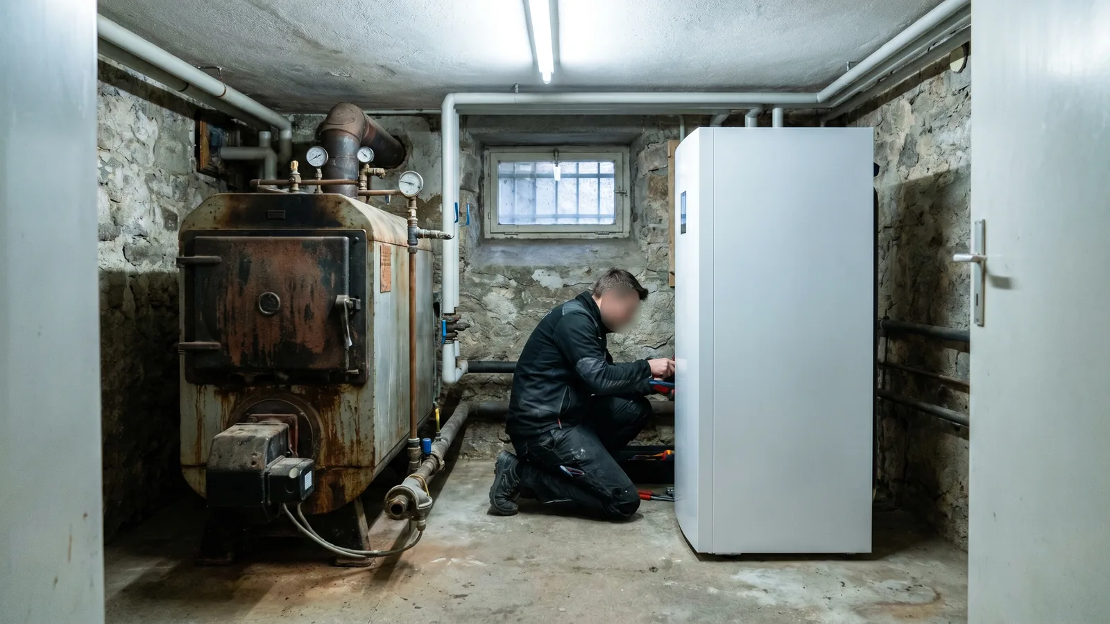 Alter Heizkessel und neue Wärmepumpe nebeneinander beim Heizungstausch