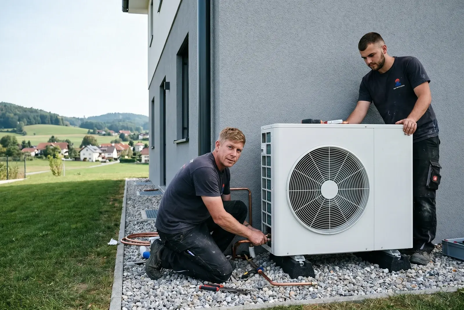 Zwei Installateure von B&W Haustechnik setzen eine Wärmepumpen-Außeneinheit an einem Einfamilienhaus bei Linz
