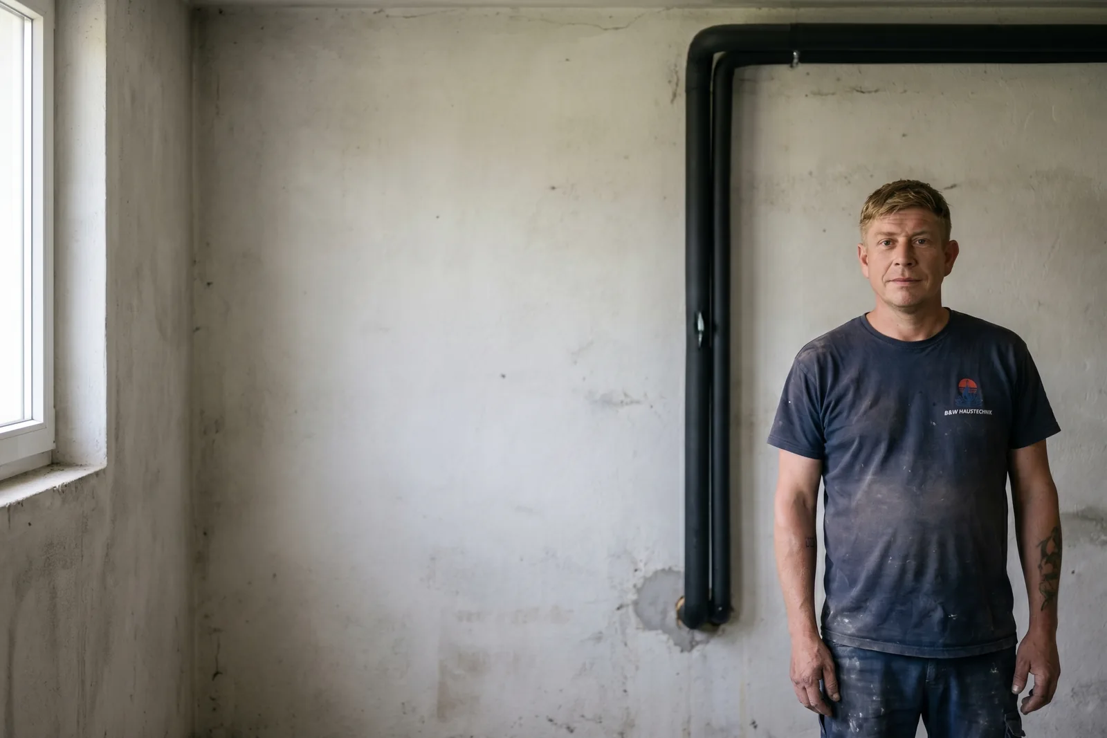 Patrick Grossmann-Ender, Inhaber von B&W Haustechnik, am Firmenfahrzeug in Linz