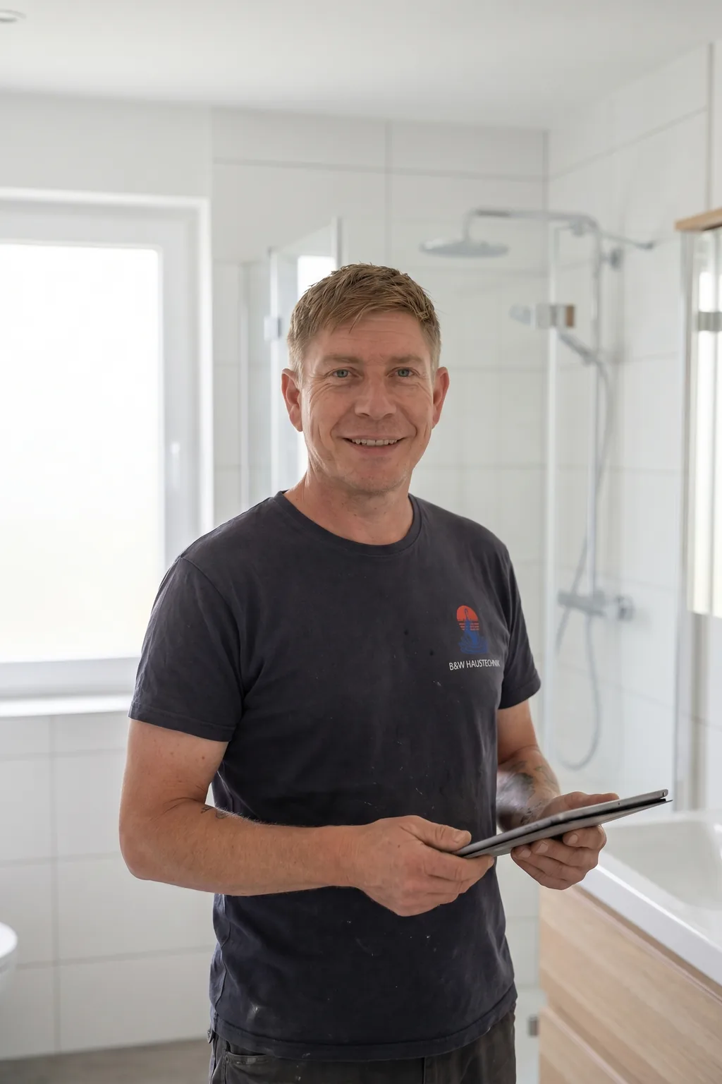 Patrick Grossmann-Ender, Inhaber von B&W Haustechnik, in einem fertig sanierten Bad in Linz
