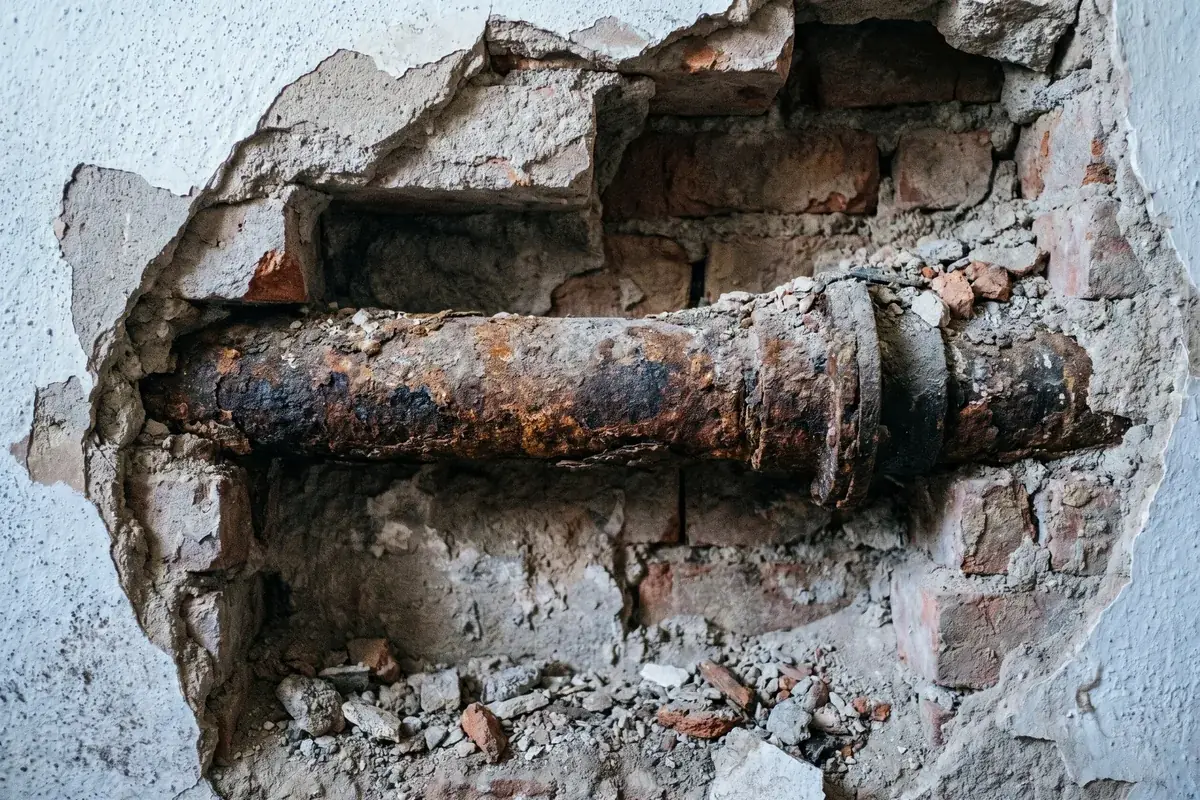 Freigelegte alte Wasserleitung in einer aufgestemmten Badwand