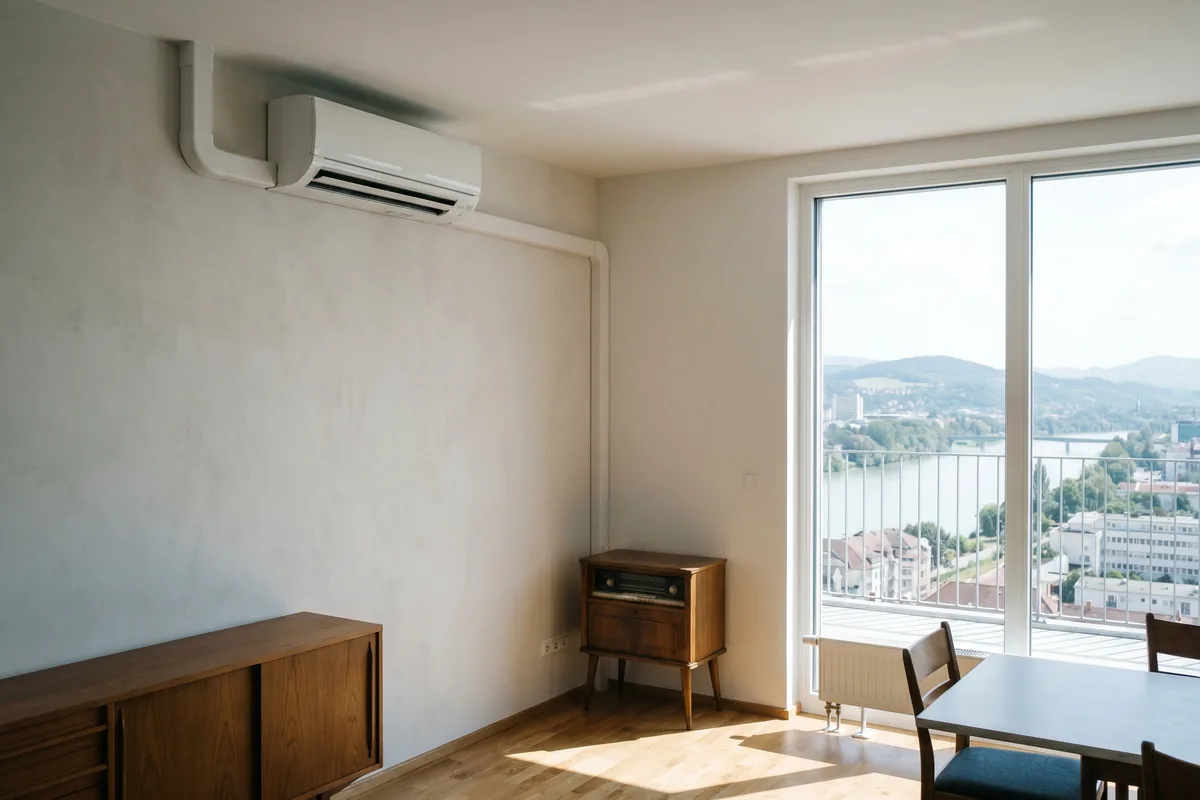 Sauber montiertes Split-Klima-Innengerät an einer hellen Wohnzimmerwand mit Stadtblick