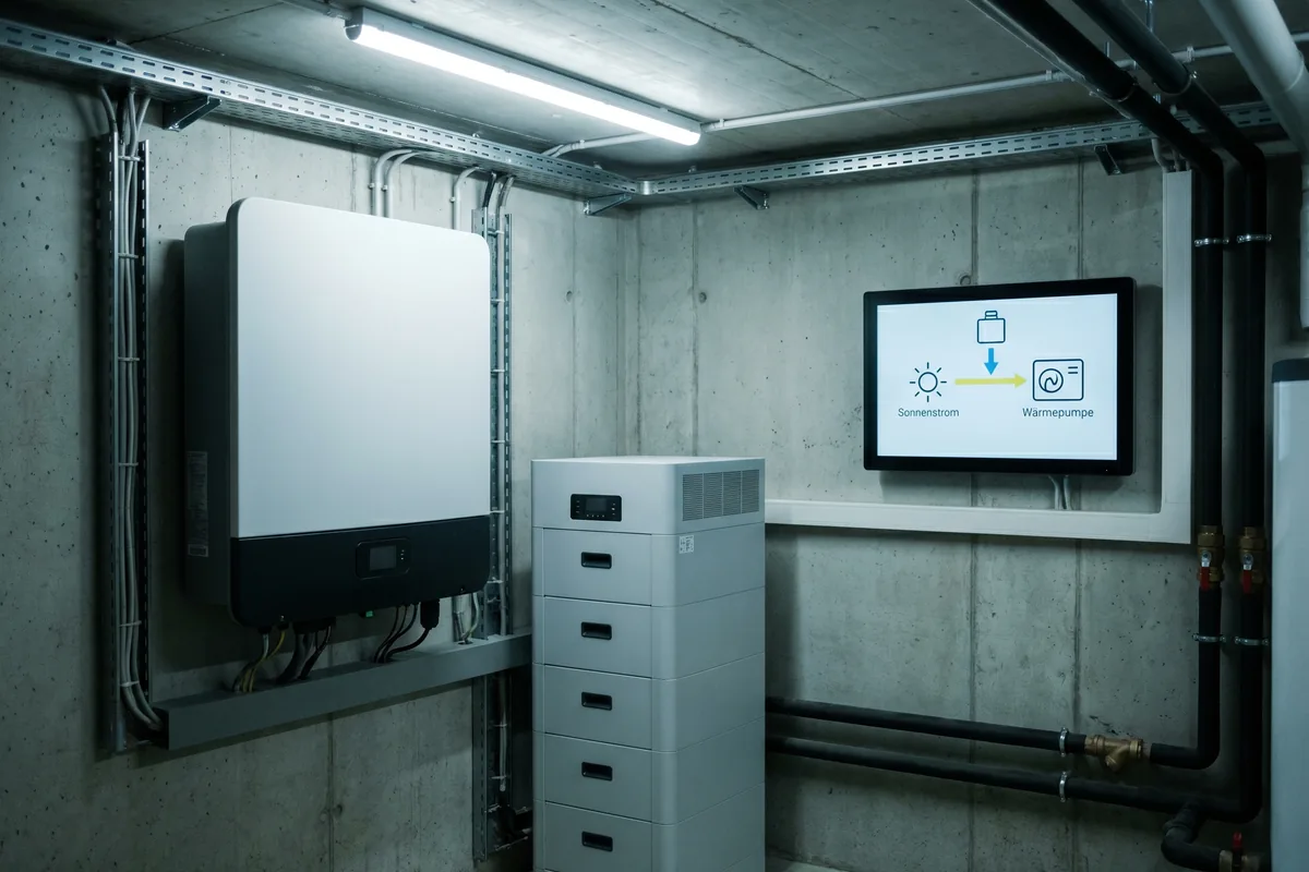 Technikraum mit Wechselrichter, Speicher und Energiemanagement für PV und Wärmepumpe