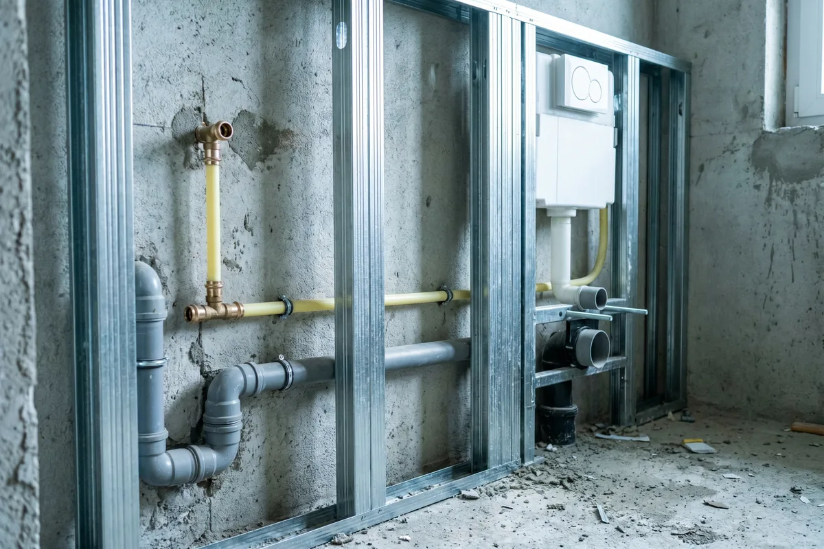 Vorwand-Installation mit Wasser- und Abflussanschlüssen vor dem Verfliesen