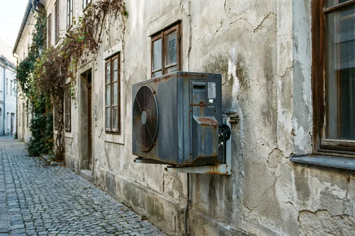 Kompakte Hochtemperatur-Wärmepumpe an der Außenwand eines Altbaus