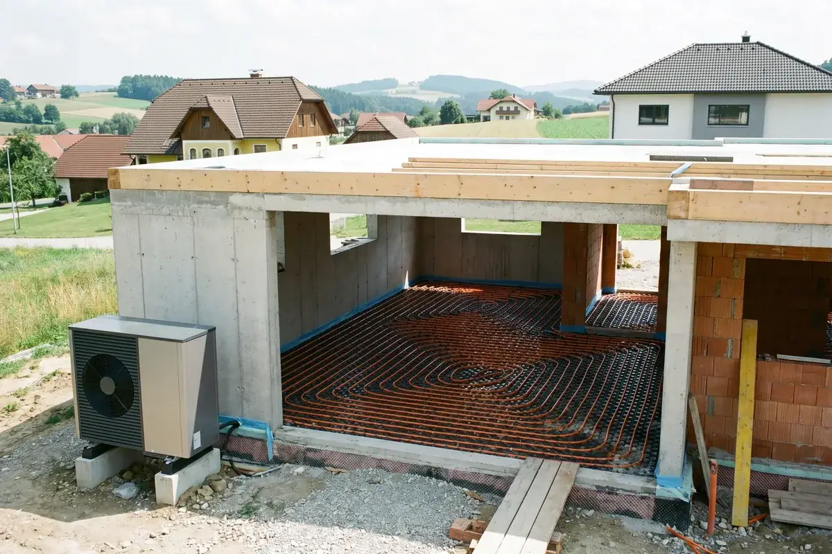 Neubau-Baustelle mit Wärmepumpe und Fußbodenheizungs-Rohren im Estrich