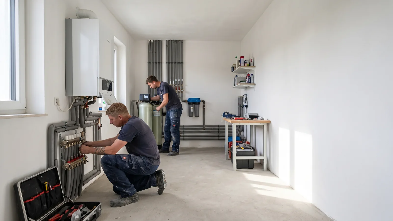 Patrick Grossmann-Ender von B&W Haustechnik mit Werkzeug vor einem Einfamilienhaus bei Linz, Haustechnik aus einer Hand