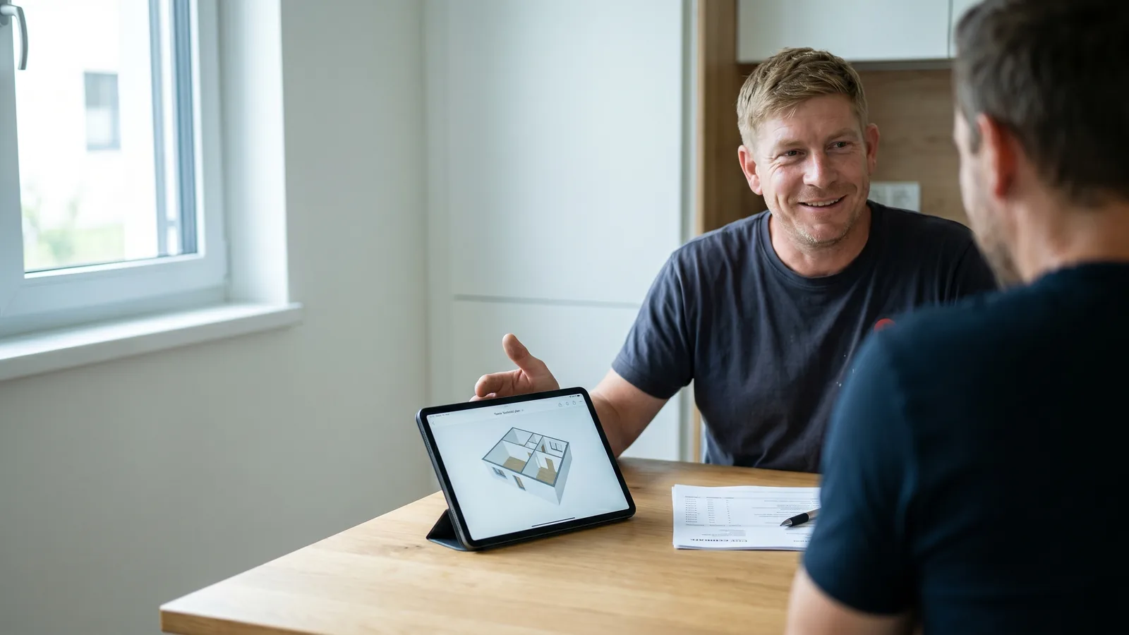 Patrick Grossmann-Ender von B&W Haustechnik erklärt einem Hausbesitzer am Küchentisch den Fixpreis anhand eines 3D-Plans