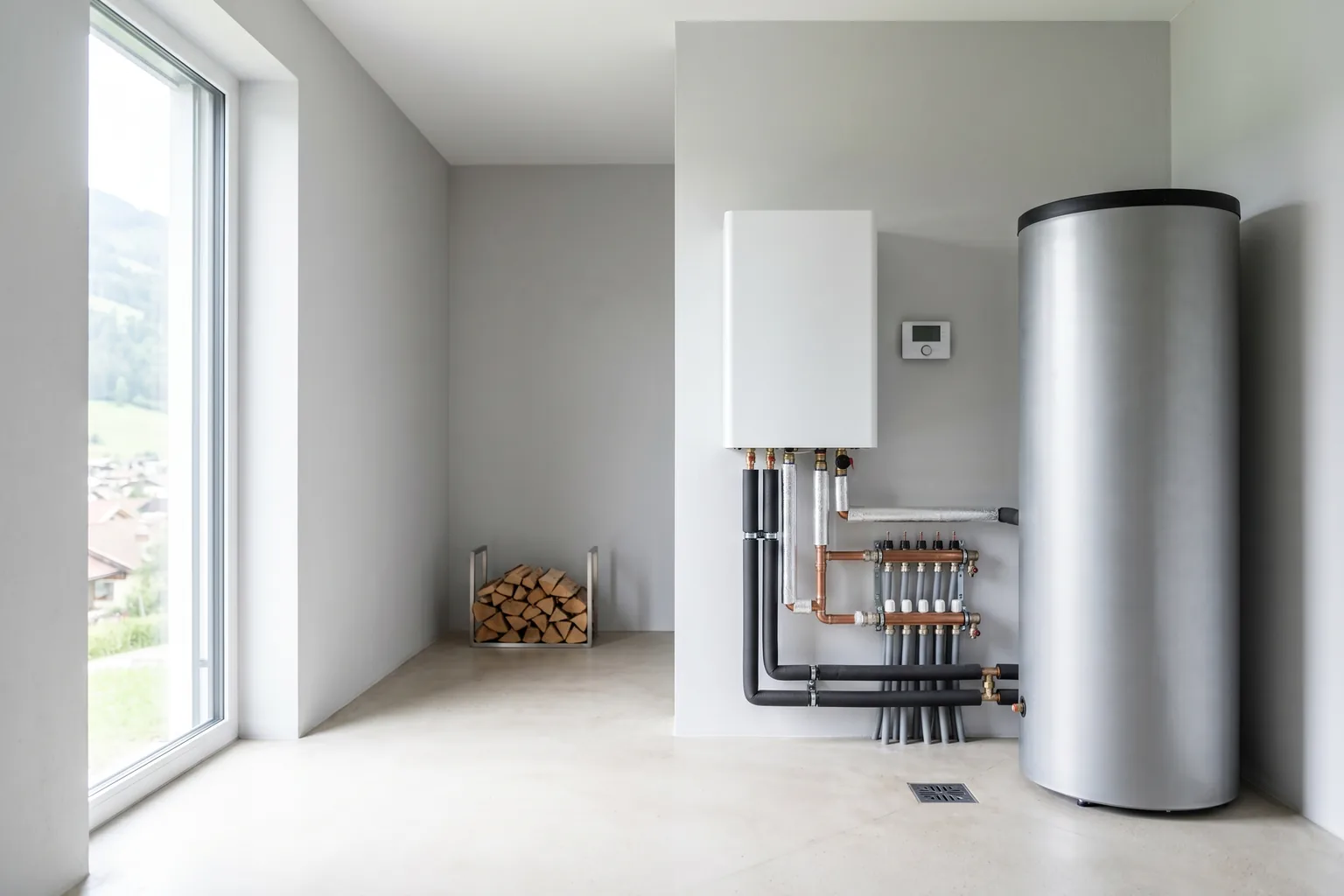 Innen aufgestellte Wärmepumpen-Hydraulikeinheit mit Pufferspeicher in einem modernen Technikraum