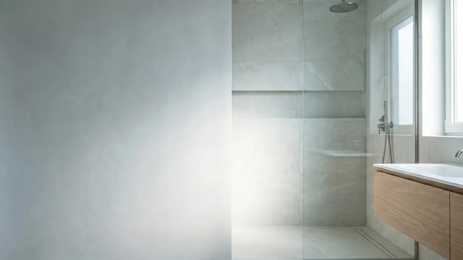 Modern saniertes Bad mit bodengleicher Walk-in-Dusche
