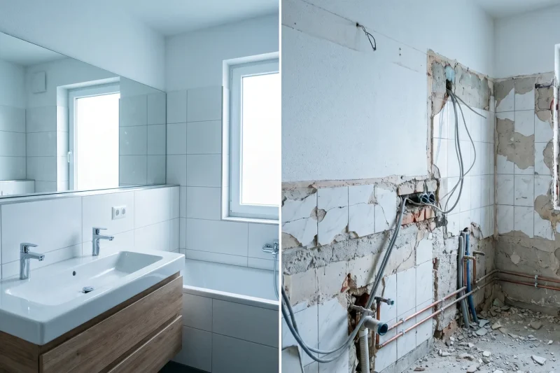 Vergleich: oberflächliche Bad-Renovierung und tiefgreifende Bad-Sanierung im Rohbau