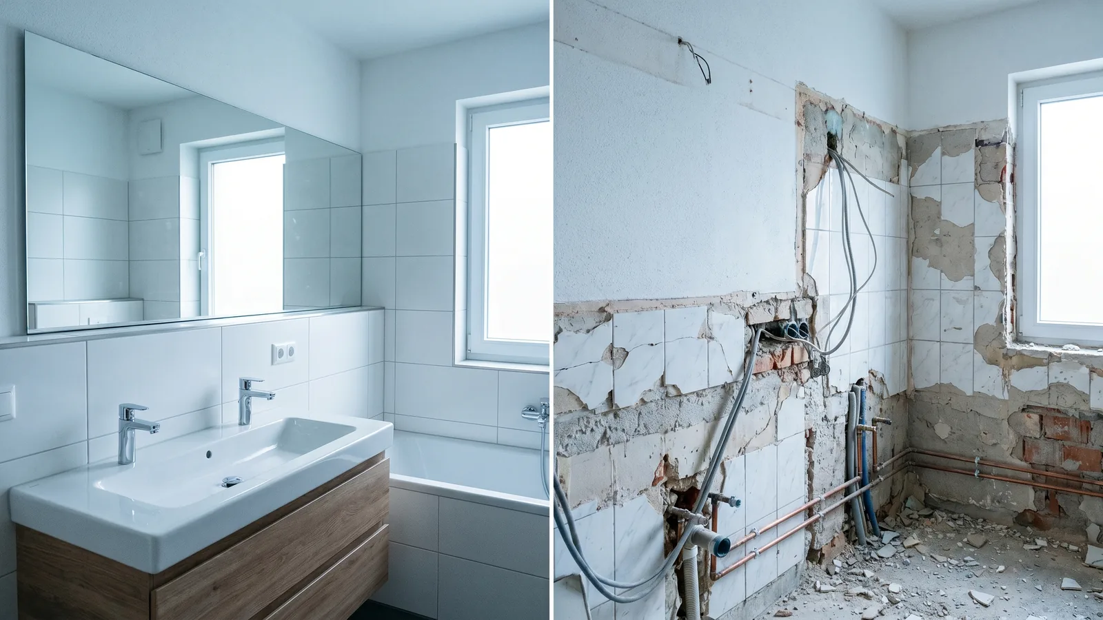 Vergleich: oberflächliche Bad-Renovierung und tiefgreifende Bad-Sanierung im Rohbau