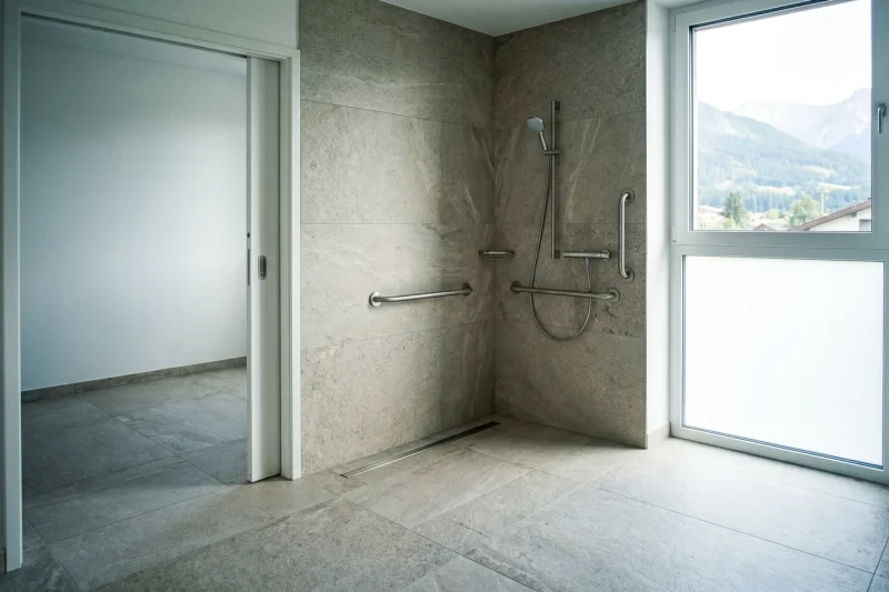 Helles barrierefreies Bad mit bodengleicher Dusche, Haltegriffen und rutschfestem Boden