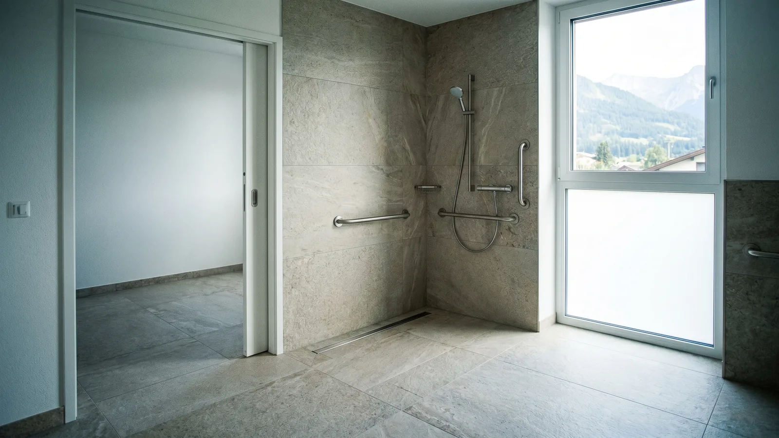 Helles barrierefreies Bad mit bodengleicher Dusche, Haltegriffen und rutschfestem Boden