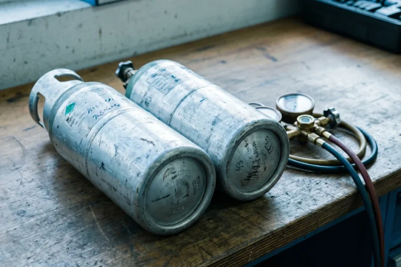 Zwei Kältemittelflaschen und ein Druckmessgerät auf einem Werkstatttisch