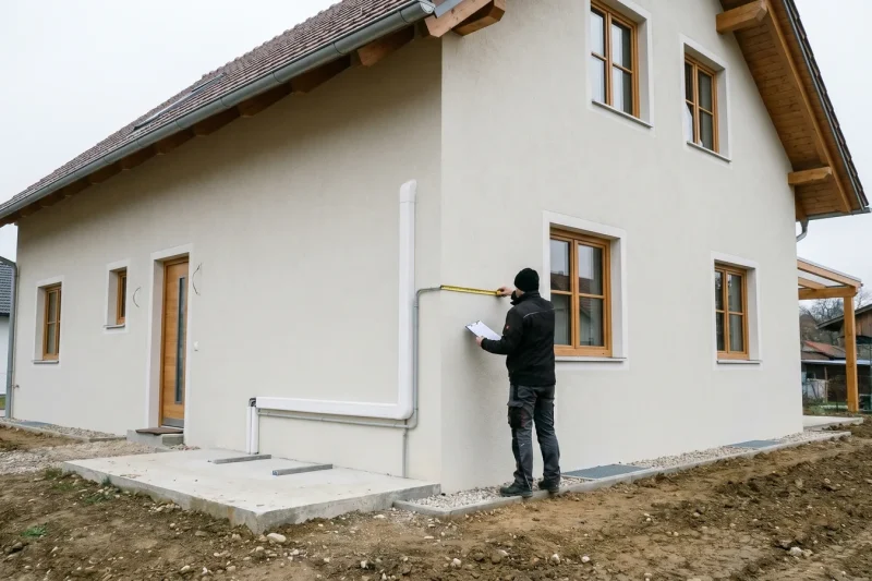 Monteur misst die Leitungsführung für eine Klimaanlage an einer Hausfassade aus