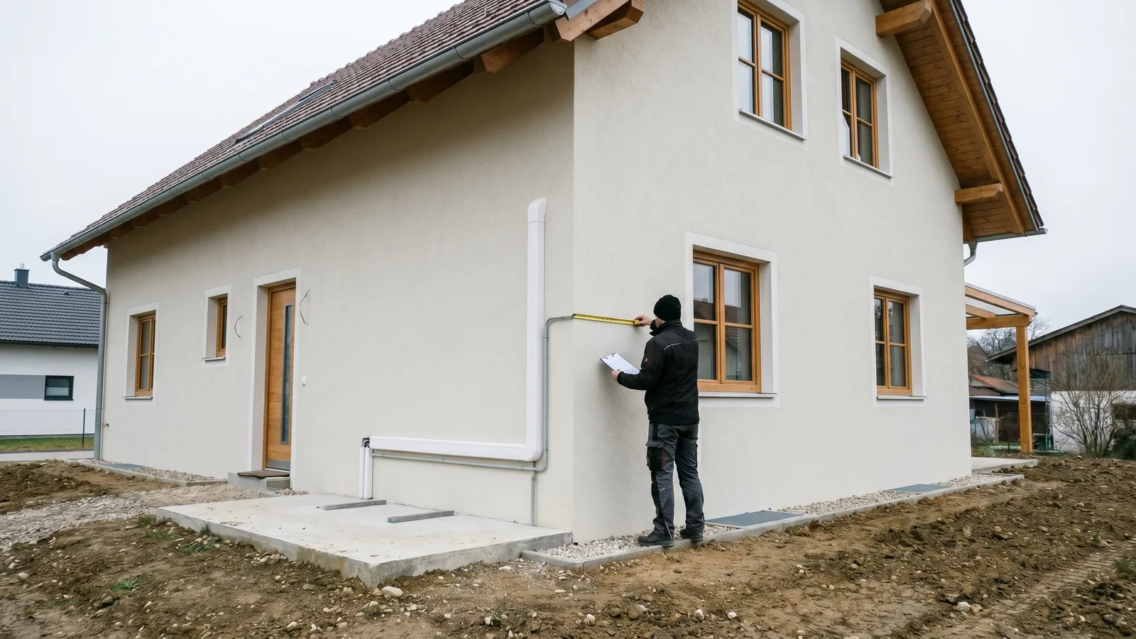 Monteur misst die Leitungsführung für eine Klimaanlage an einer Hausfassade aus