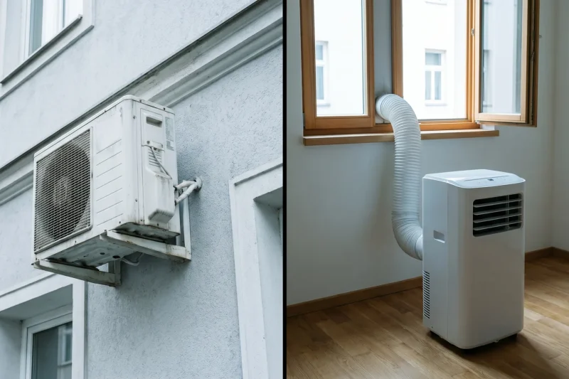 Vergleich: wandmontiertes Split-Außengerät und mobiles Monoblock-Klimagerät am Fenster