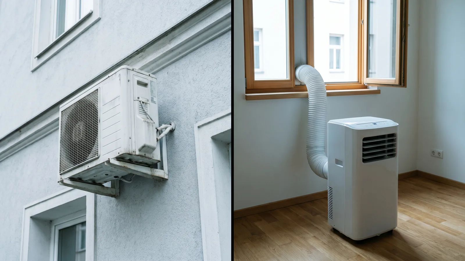 Vergleich: wandmontiertes Split-Außengerät und mobiles Monoblock-Klimagerät am Fenster