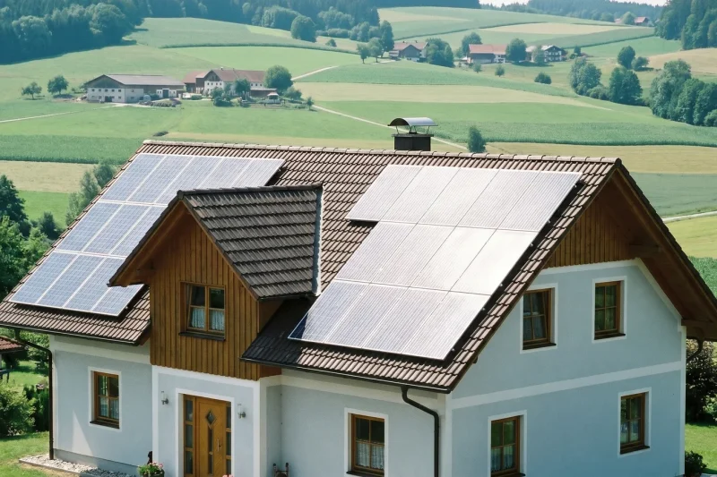 Photovoltaik-Module auf dem Dach eines oberösterreichischen Einfamilienhauses im Sommerlicht