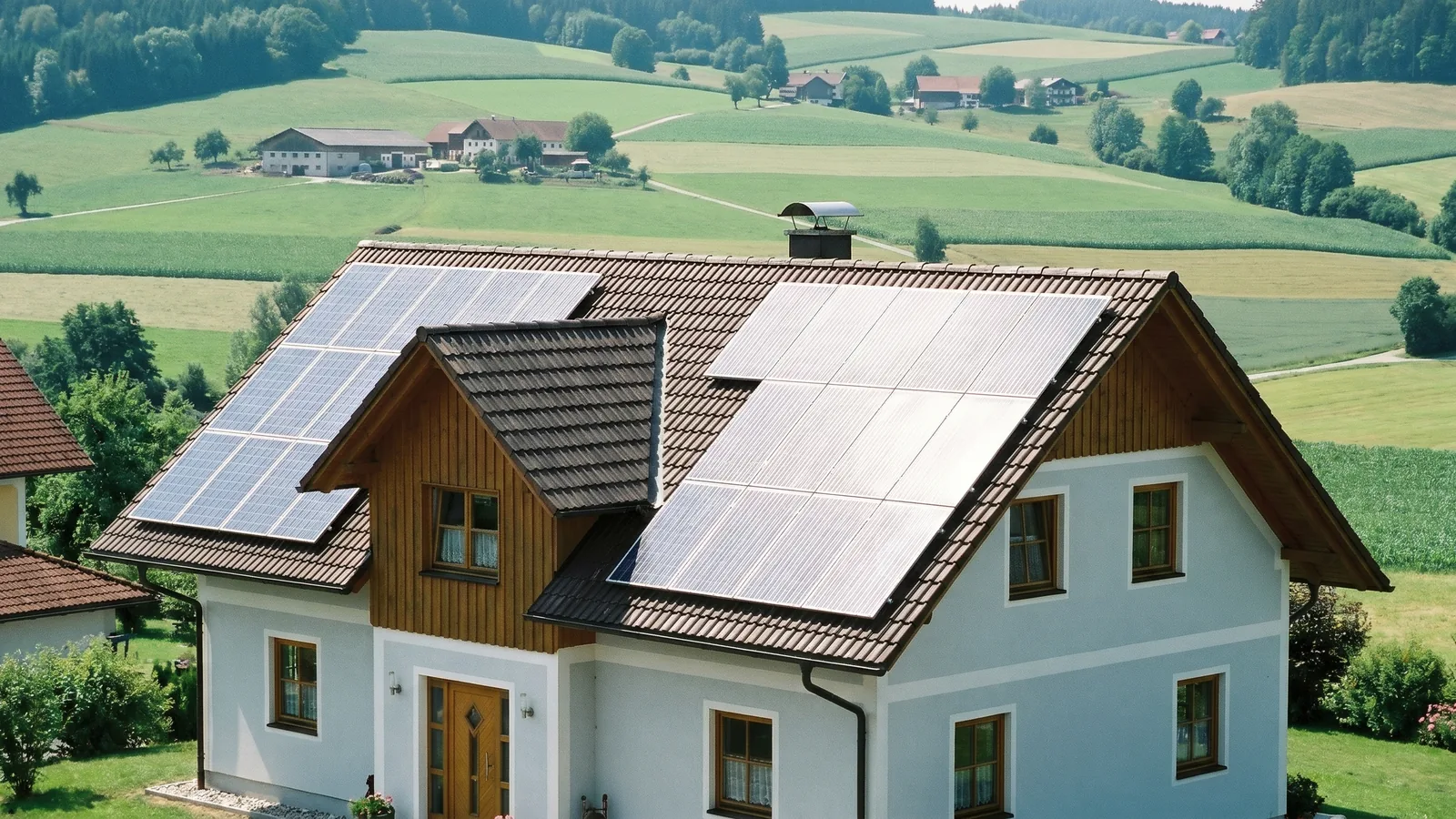 Photovoltaik-Module auf dem Dach eines oberösterreichischen Einfamilienhauses im Sommerlicht