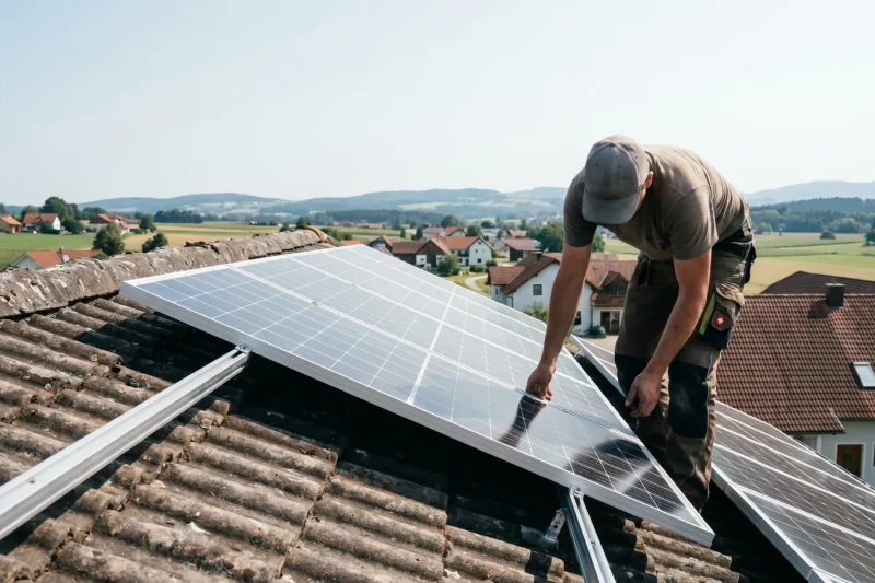 Monteur richtet eine PV-Modulreihe auf der Unterkonstruktion eines Ziegeldachs aus