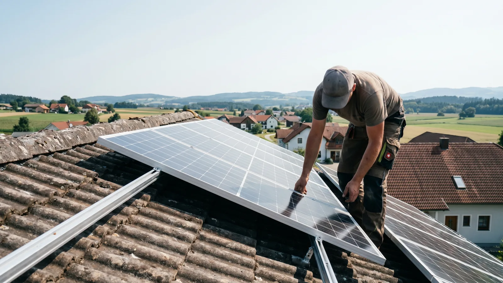 Monteur richtet eine PV-Modulreihe auf der Unterkonstruktion eines Ziegeldachs aus