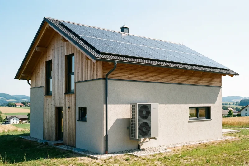 Einfamilienhaus mit PV-Anlage am Dach und Wärmepumpe an der Hauswand