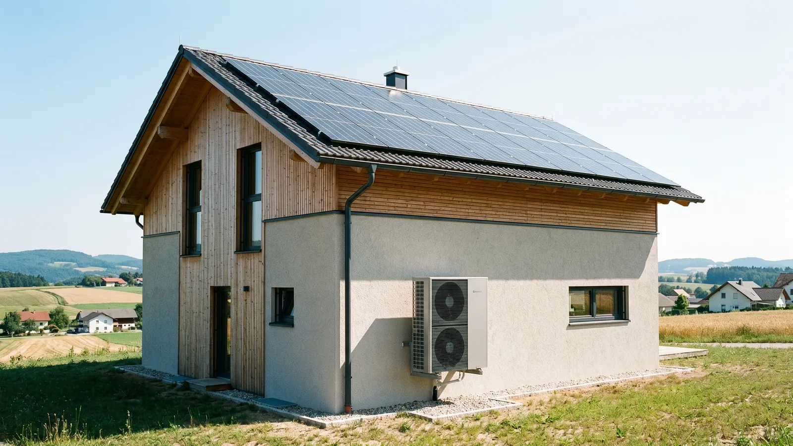 Einfamilienhaus mit PV-Anlage am Dach und Wärmepumpe an der Hauswand