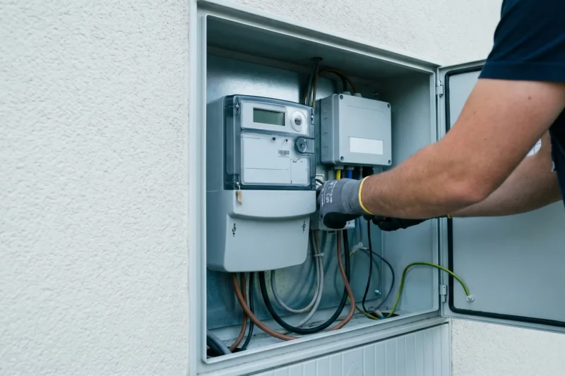 Offener Zählerschrank mit Smart-Meter und PV-Anschlusskasten an einer Hauswand