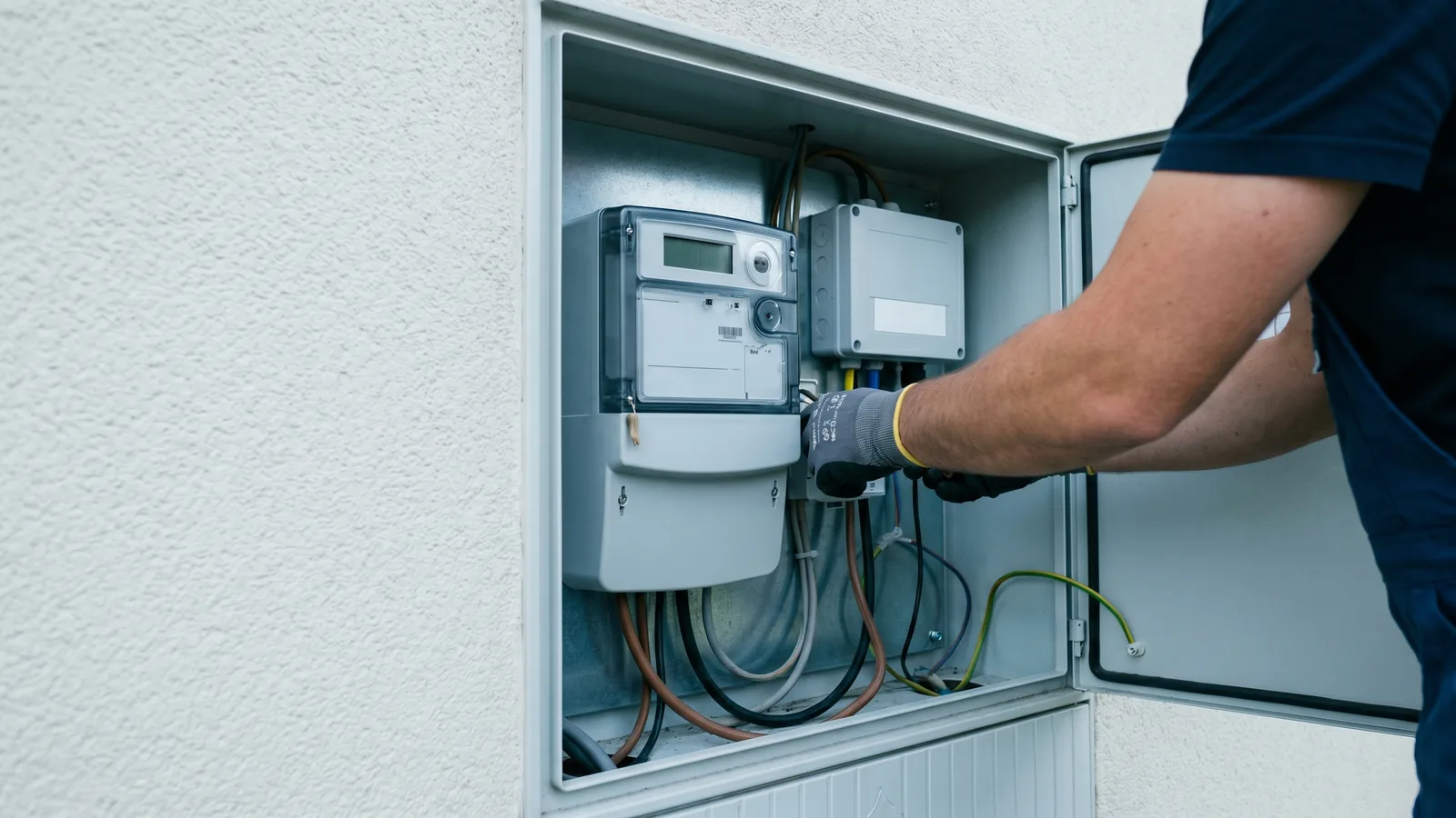 Offener Zählerschrank mit Smart-Meter und PV-Anschlusskasten an einer Hauswand