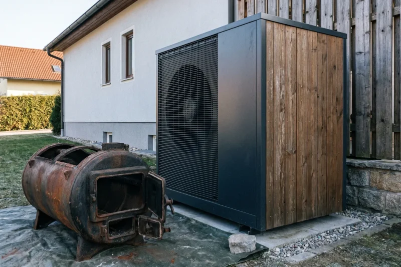 Neue Wärmepumpe neben einem ausgebauten alten Heizkessel vor einem Einfamilienhaus