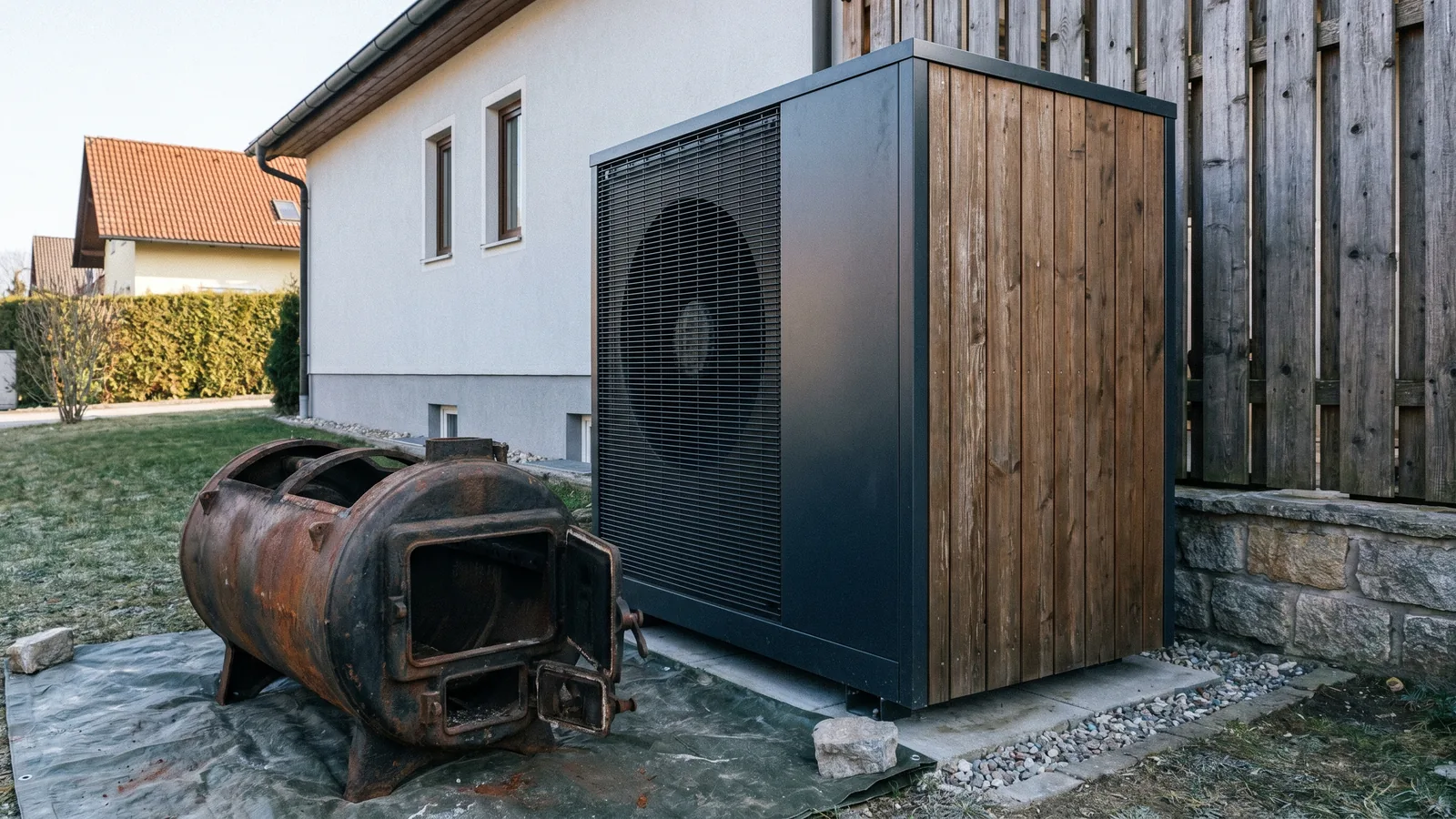 Neue Wärmepumpe neben einem ausgebauten alten Heizkessel vor einem Einfamilienhaus