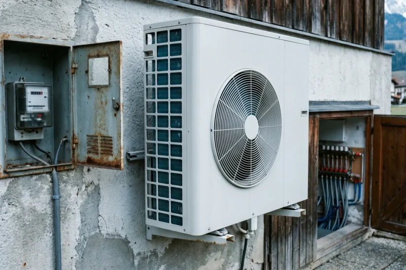 Wärmepumpe an einer Hauswand neben einem Stromzähler-Kasten