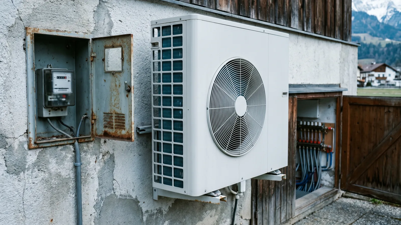 Wärmepumpe an einer Hauswand neben einem Stromzähler-Kasten