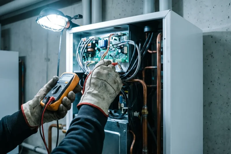 Techniker prüft mit Messgerät die Anschlüsse einer geöffneten Wärmepumpen-Inneneinheit