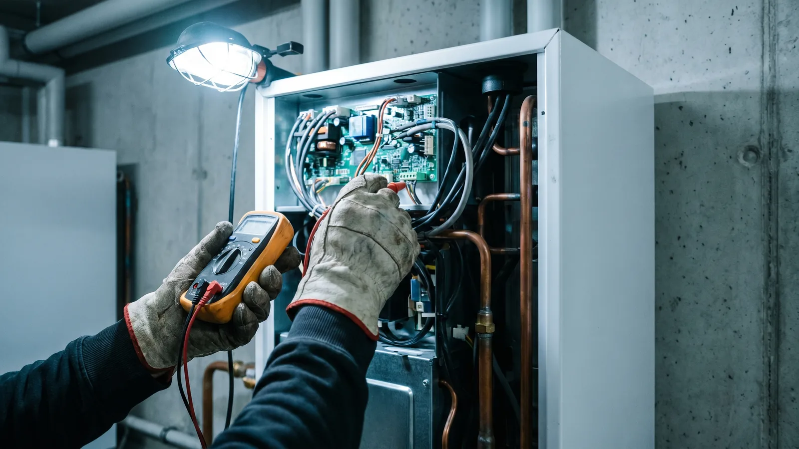 Techniker prüft mit Messgerät die Anschlüsse einer geöffneten Wärmepumpen-Inneneinheit