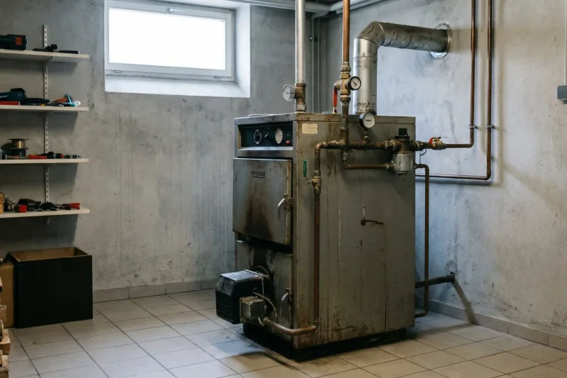 Funktionstüchtiger älterer Gas-Heizkessel in einem aufgeräumten Heizraum