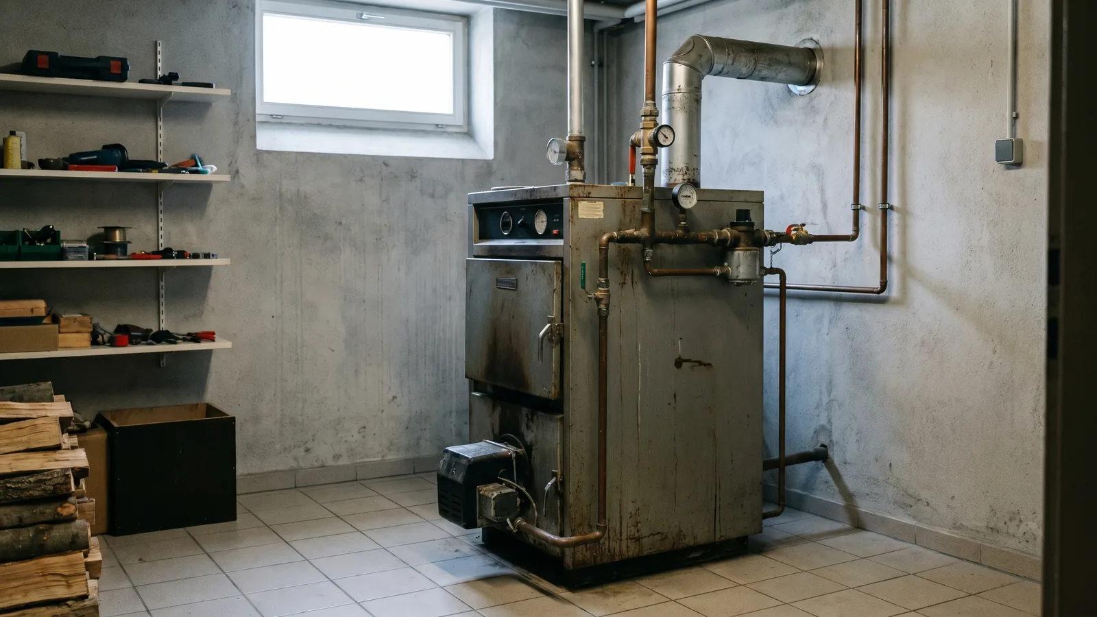 Funktionstüchtiger älterer Gas-Heizkessel in einem aufgeräumten Heizraum