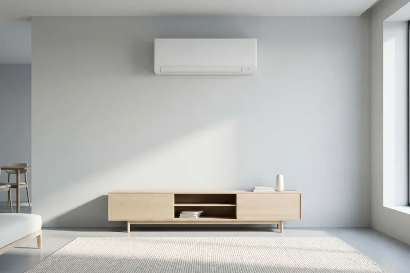 Klimaanlagen-Split-Innengerät an der Wand eines hellen Wohnraums