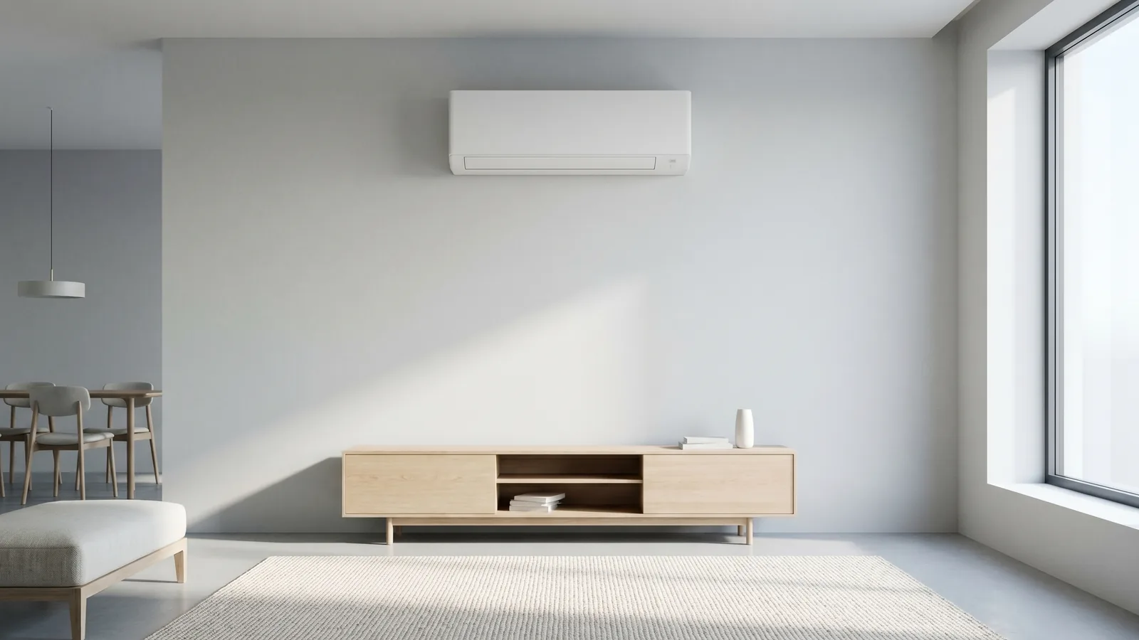 Klimaanlagen-Split-Innengerät an der Wand eines hellen Wohnraums