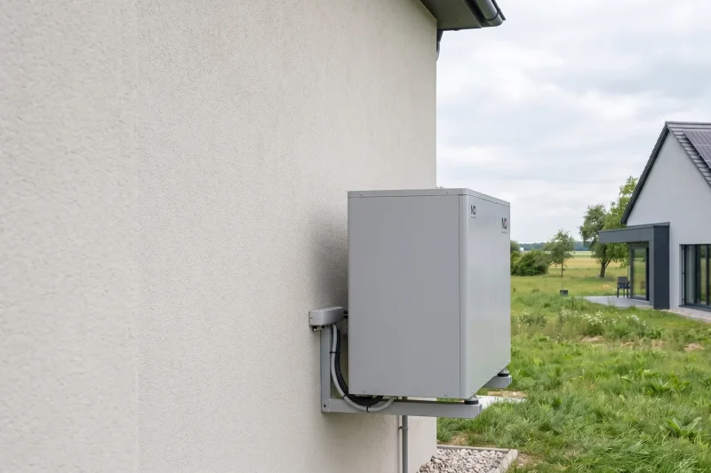 Wärmepumpen-Außengerät an einem sanierten Altbau in Oberösterreich
