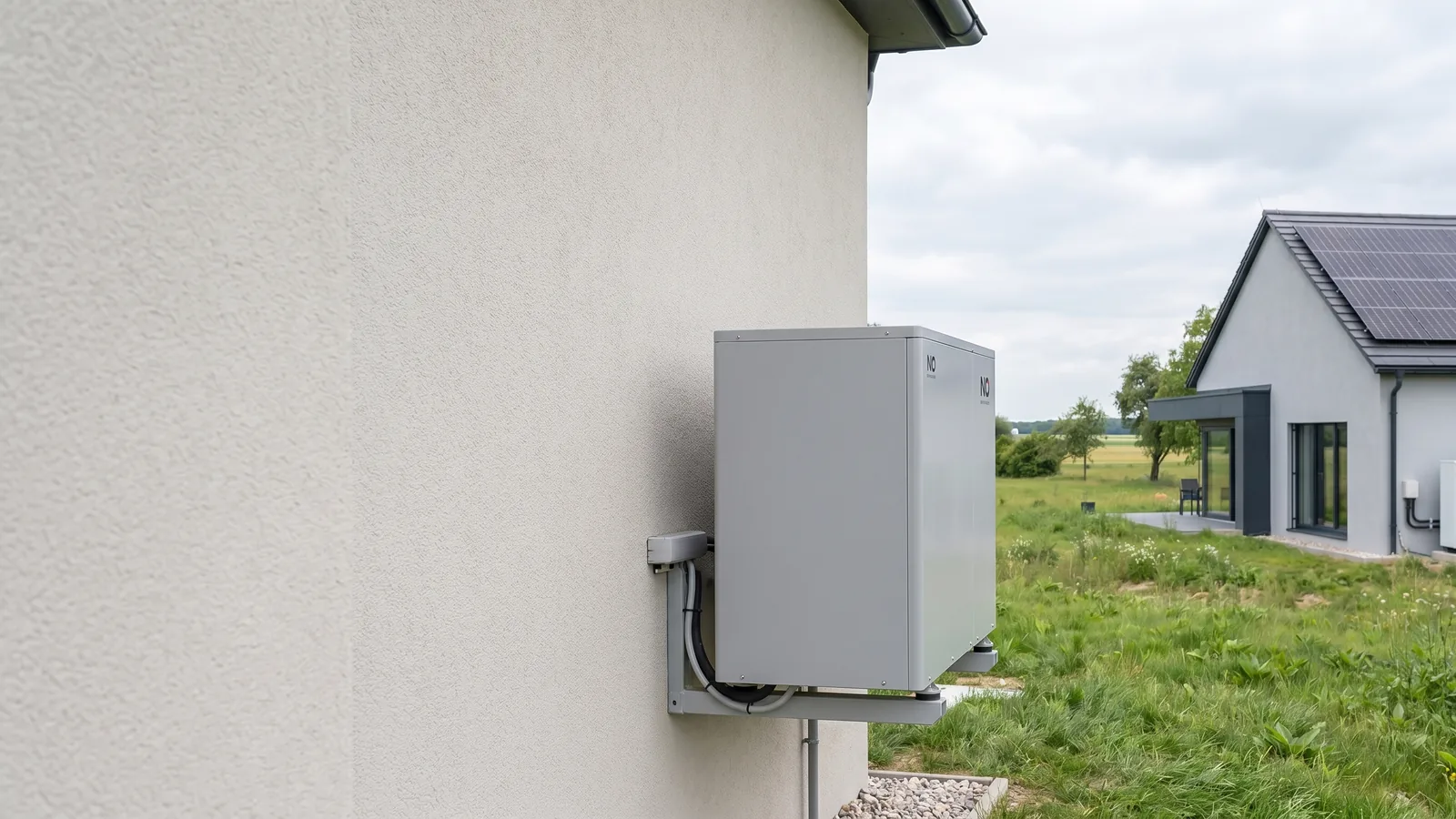 Wärmepumpen-Außengerät an einem sanierten Altbau in Oberösterreich