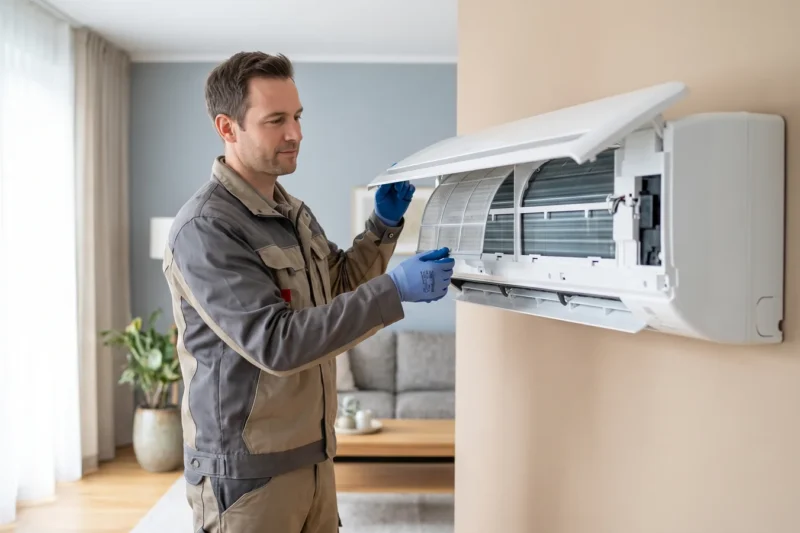 Techniker reinigt bei geöffneter Inneneinheit einer Split-Klimaanlage den Filter und die Lamellen in einem Wohnraum in Oberösterreich.