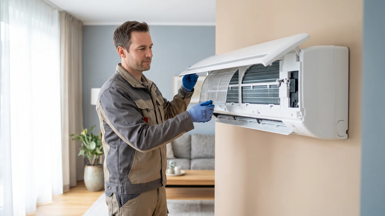 Techniker reinigt bei geöffneter Inneneinheit einer Split-Klimaanlage den Filter und die Lamellen in einem Wohnraum in Oberösterreich.